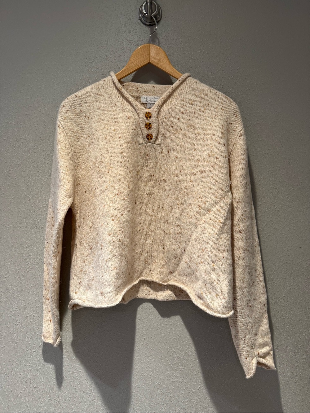 Christopher & Banks Oatmeal Cream Speckled Henley Knit Sweater - Size Medium
